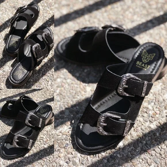 NEW Black Faux Suede Western Metal Buckled Straps Slides Slip On Sandals Shoes - Picture 11 of 12